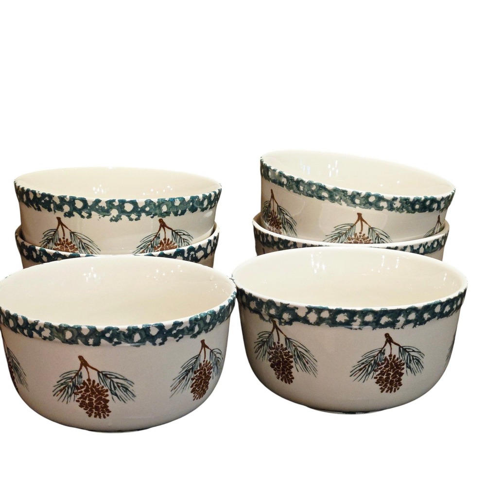Tienshan Folk Craft Pine cone Soup Cereal Bowls Set of 6 Rustic Cabin Stoneware